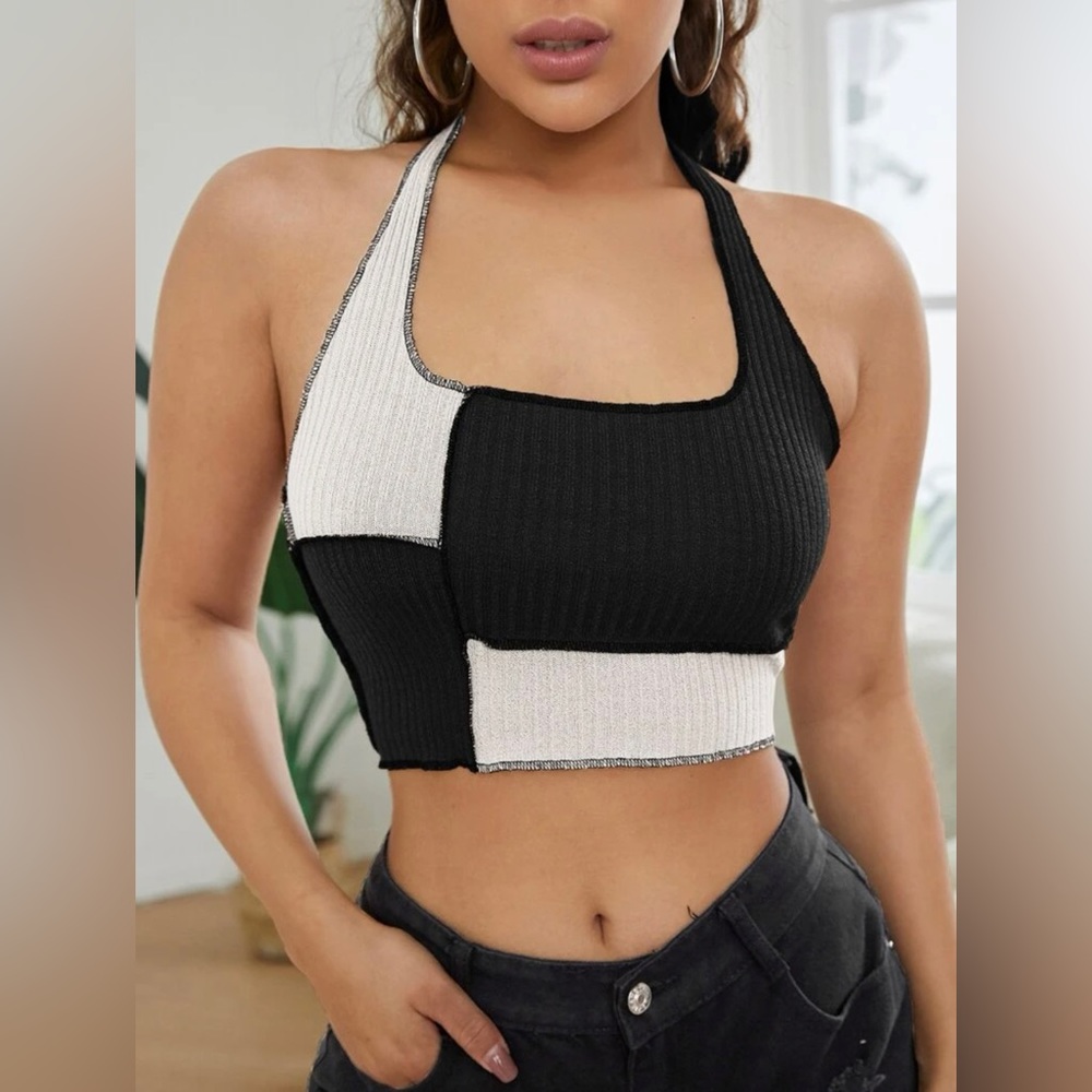 SHEIN EZwear Contrast Stitch Colorblock Crop Halter Top